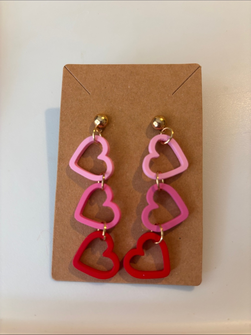 Fashion Jewelry Red, Pink & Light Pink Triple Heart Drop Earrings